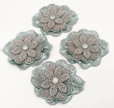 Grey Hand Embroidered Floral Applique With Beads, Crochet Cut Dana Applique, Beaded Flower Motifs